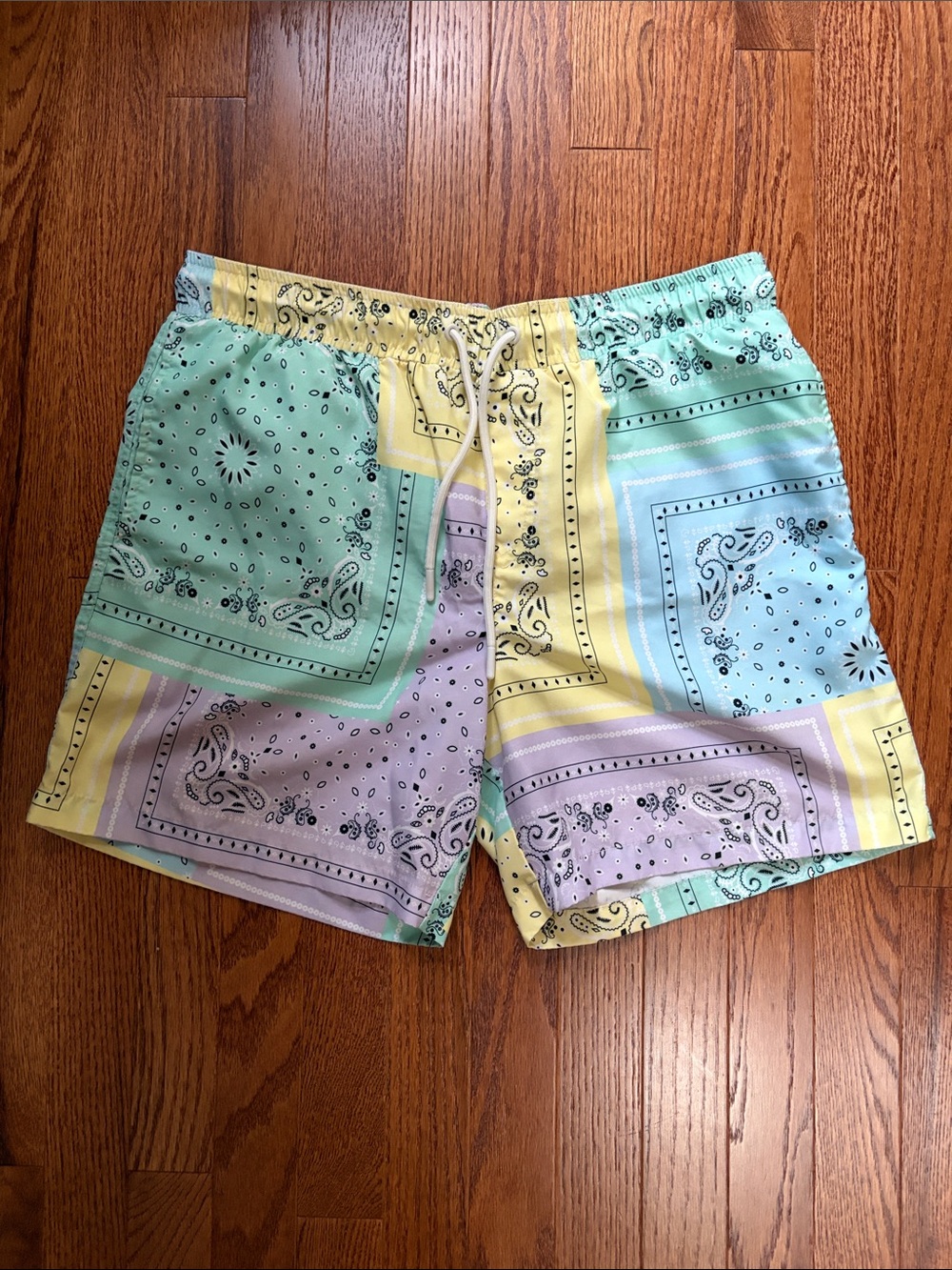 Fashion Nova Men Pastel Bandana Patchwork Swim Shorts - Mint, Lavender & Yellow